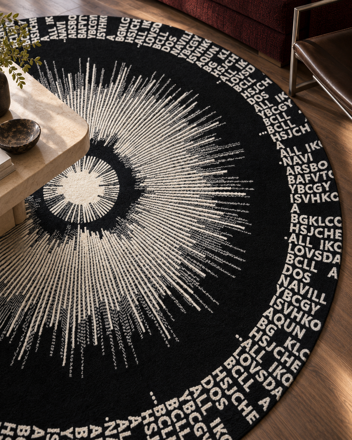 Signaal vloerkleed MZ-Y238, honderden witte stralen spatten uit een licht hart over een diepzwart rond vlak, omringd door een ring van letters, beeld 5