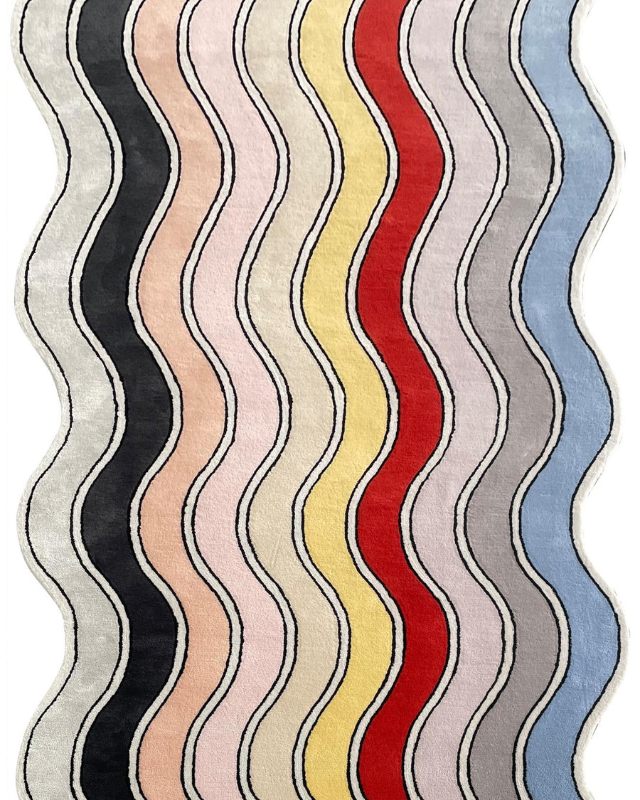 Rimpel vloerkleed MZ-Y240, verticale golvende banen in crème, rood, blauw en zwart, met een rand die de golven volgt
