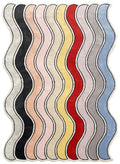 Rimpel vloerkleed MZ-Y240, verticale golvende banen in crème, rood, blauw en zwart, met een rand die de golven volgt