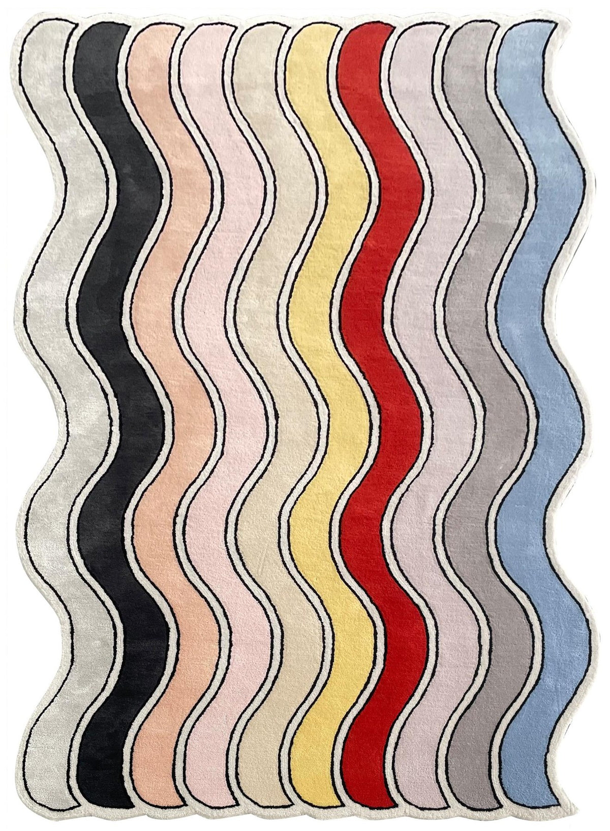 Rimpel vloerkleed MZ-Y240, verticale golvende banen in crème, rood, blauw en zwart, met een rand die de golven volgt