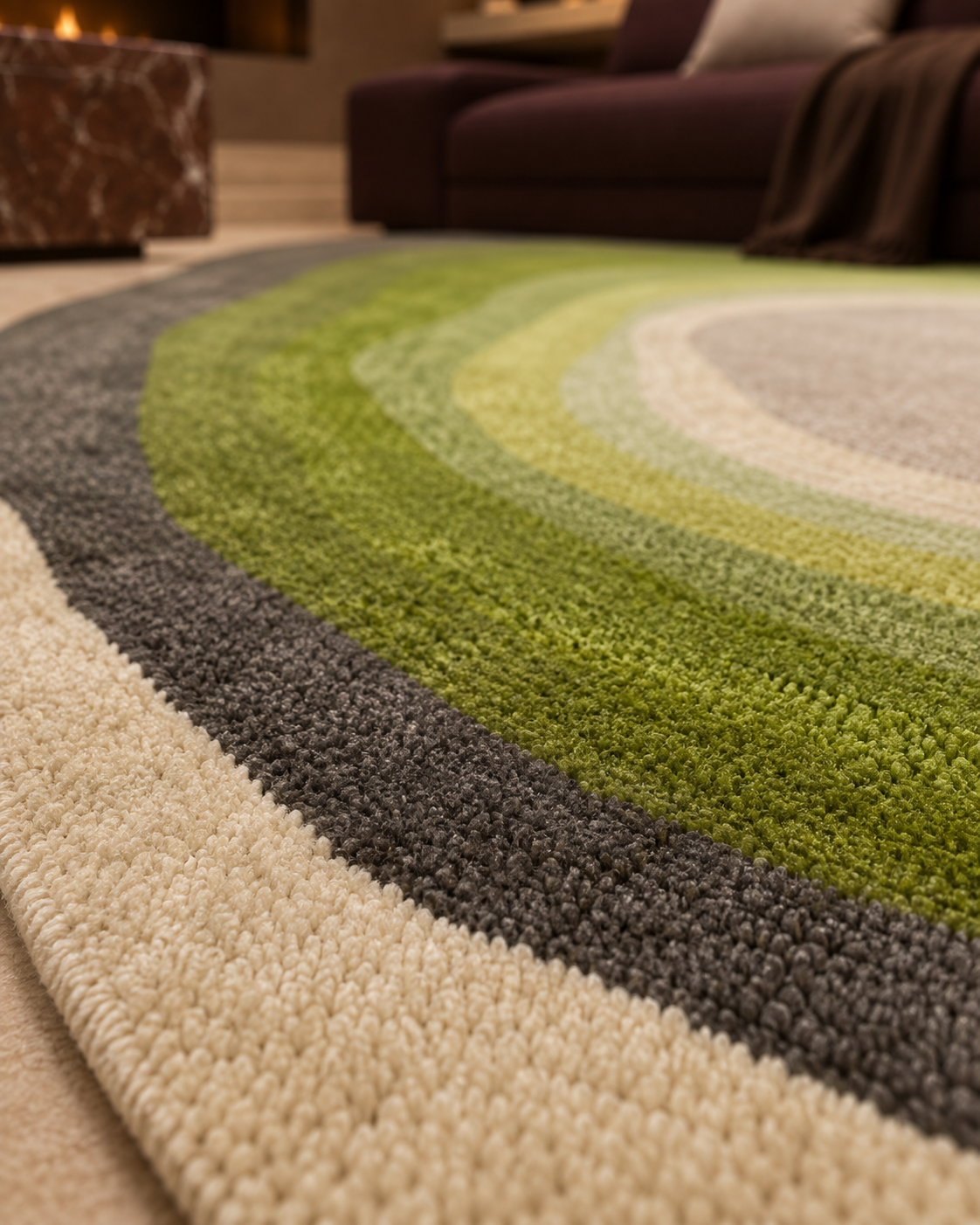 Meer vloerkleed MZ-Y245, concentrische ringen in mosgroen en crème vormen een organische plas op een zandkleurig vlak, beeld 4