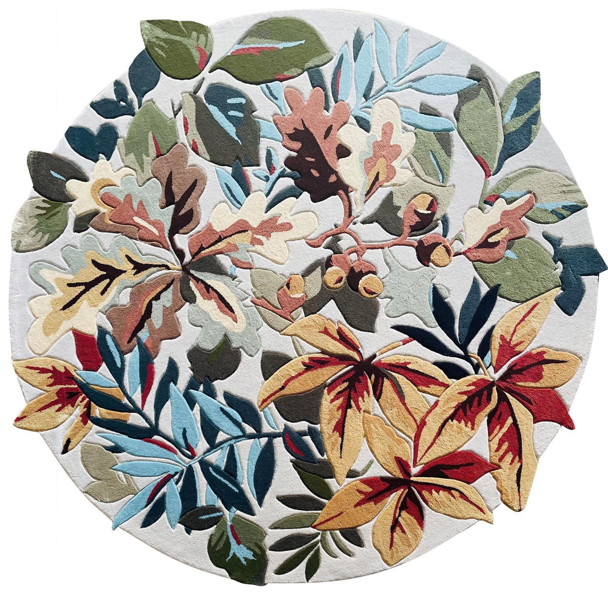 Botanica vloerkleed MZ-Y248, bladeren en takken in koraal, mosgroen en inktblauw liggen als een dicht bos over een licht vlak