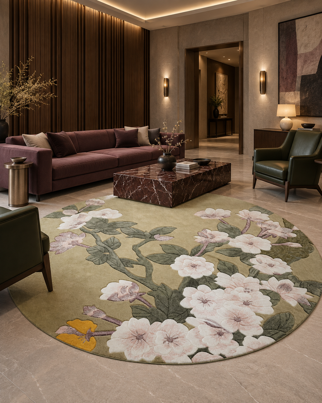 Sakura vloerkleed MZ-Y249, witte kersenbloesem op een zachte olijfgroene ondergrond, geschilderd in de stijl van een oud paneel, beeld 2