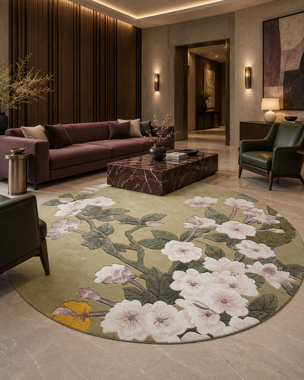 Sakura vloerkleed MZ-Y249, witte kersenbloesem op een zachte olijfgroene ondergrond, geschilderd in de stijl van een oud paneel, beeld 2