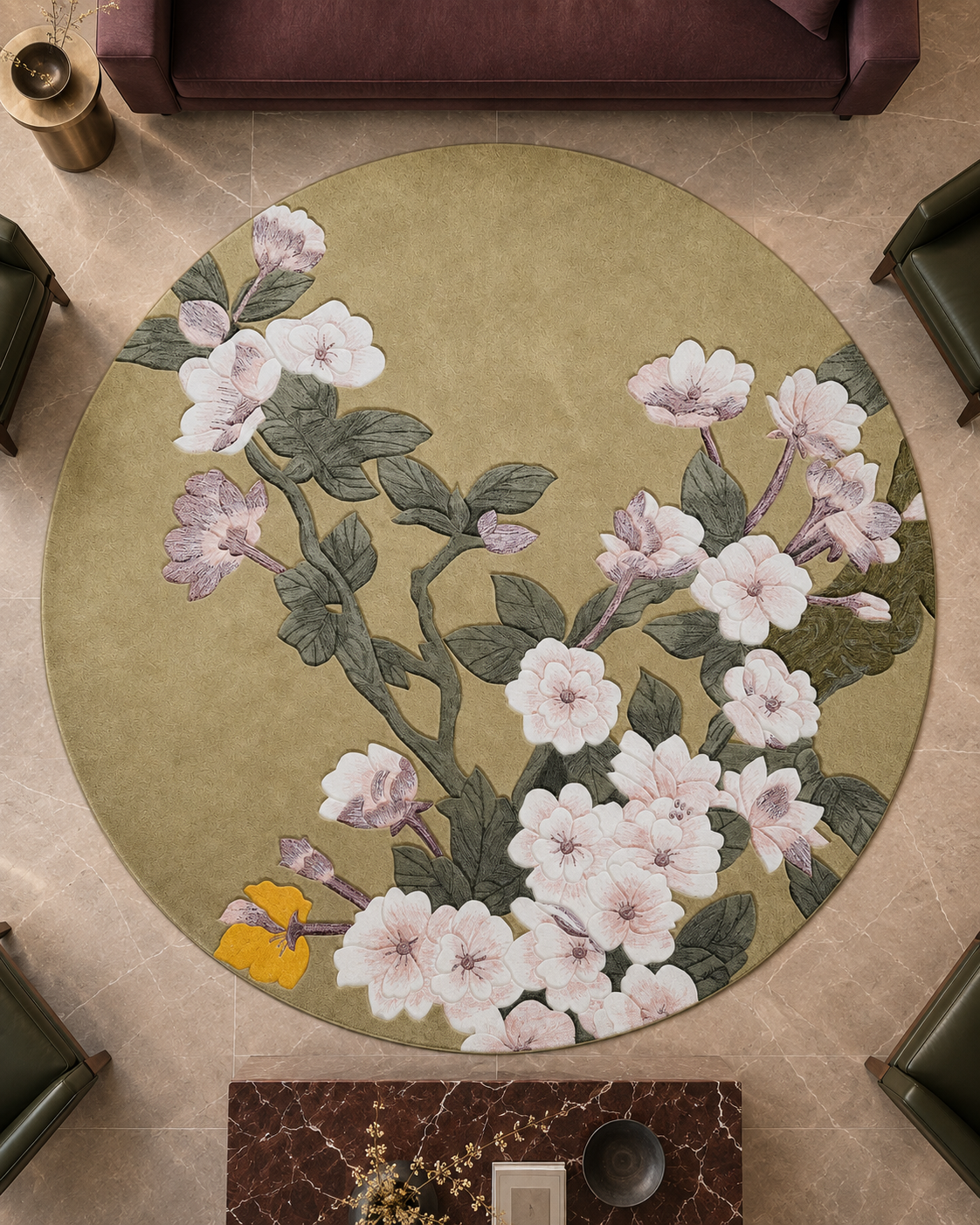 Sakura vloerkleed MZ-Y249, witte kersenbloesem op een zachte olijfgroene ondergrond, geschilderd in de stijl van een oud paneel, beeld 1