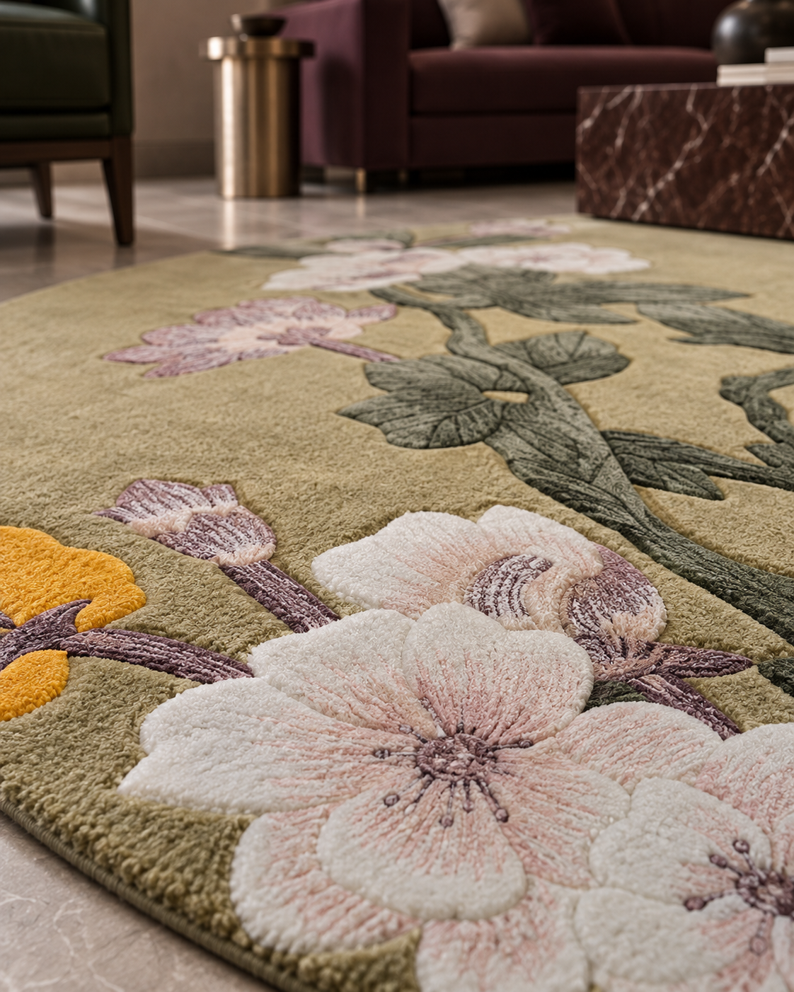 Sakura vloerkleed MZ-Y249, witte kersenbloesem op een zachte olijfgroene ondergrond, geschilderd in de stijl van een oud paneel, beeld 4