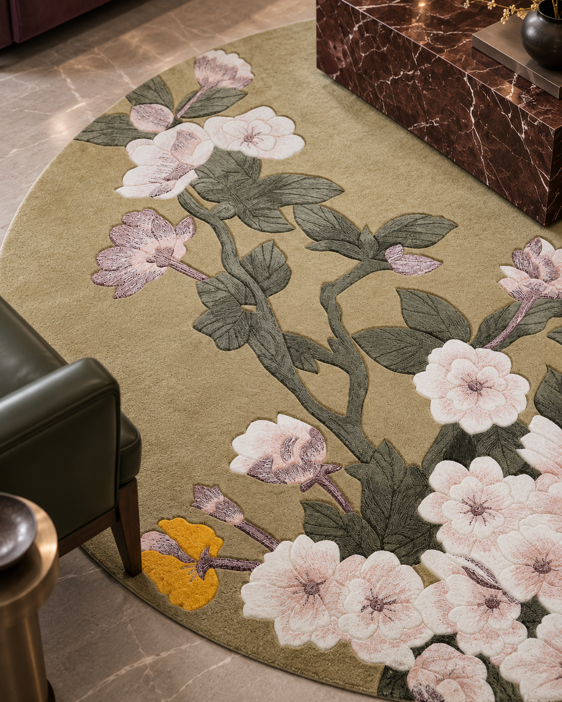 Sakura vloerkleed MZ-Y249, witte kersenbloesem op een zachte olijfgroene ondergrond, geschilderd in de stijl van een oud paneel, beeld 5