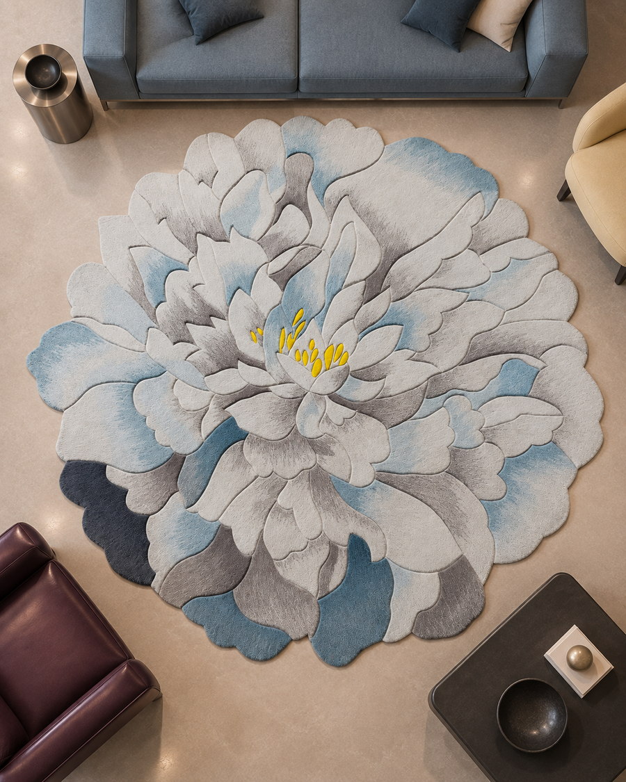 Bloem vloerkleed MZ-Y250, één enkele grote bloem in ijsblauw en gebroken wit, volledig in reliëf uitgesneden, beeld 1