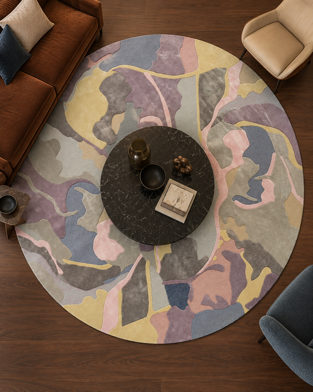 Nevel vloerkleed MZ-Y253, zachte vlakken in lila, olijf en blush lopen in elkaar over als camouflage in pasteltinten, beeld 1