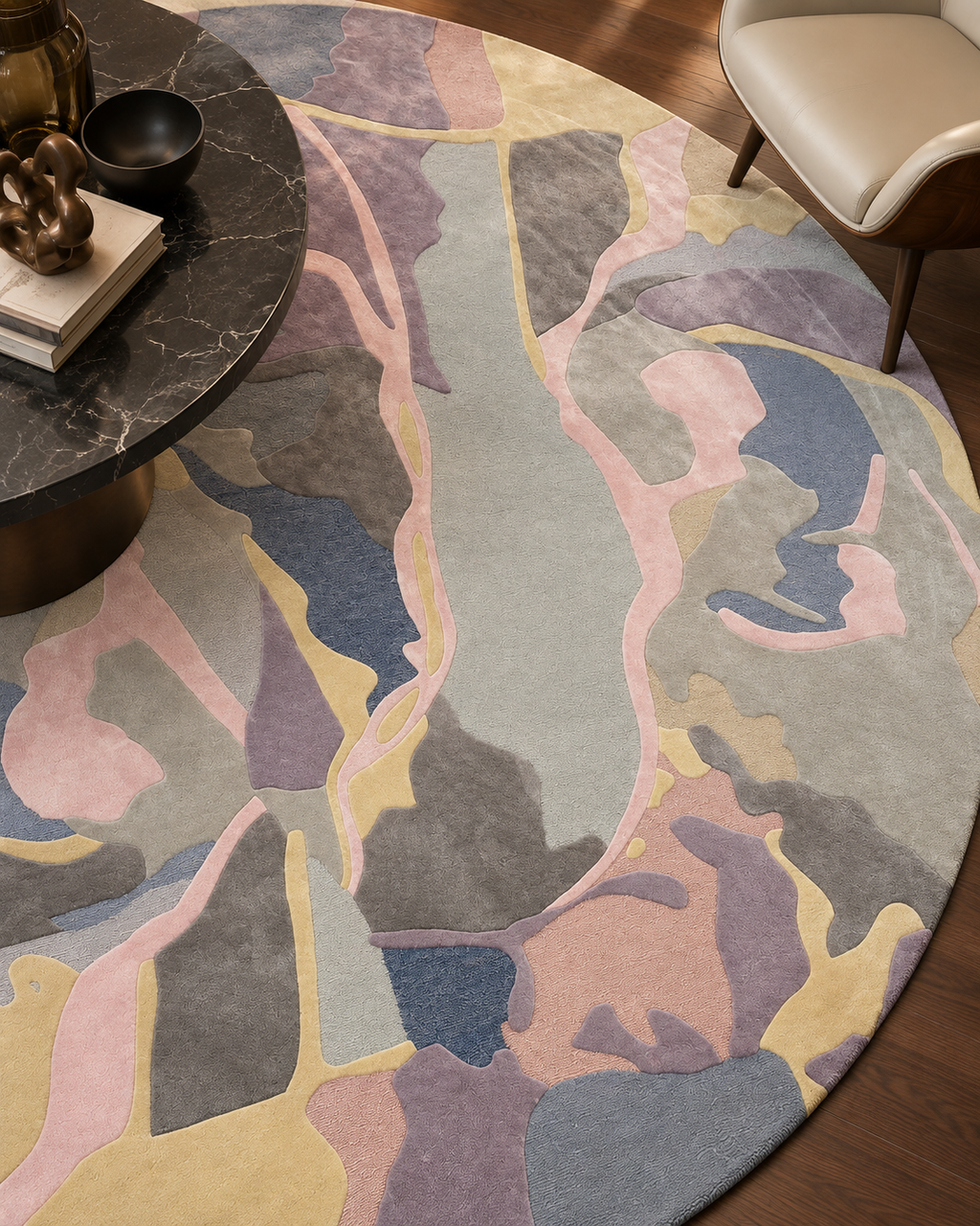 Nevel vloerkleed MZ-Y253, zachte vlakken in lila, olijf en blush lopen in elkaar over als camouflage in pasteltinten, beeld 5