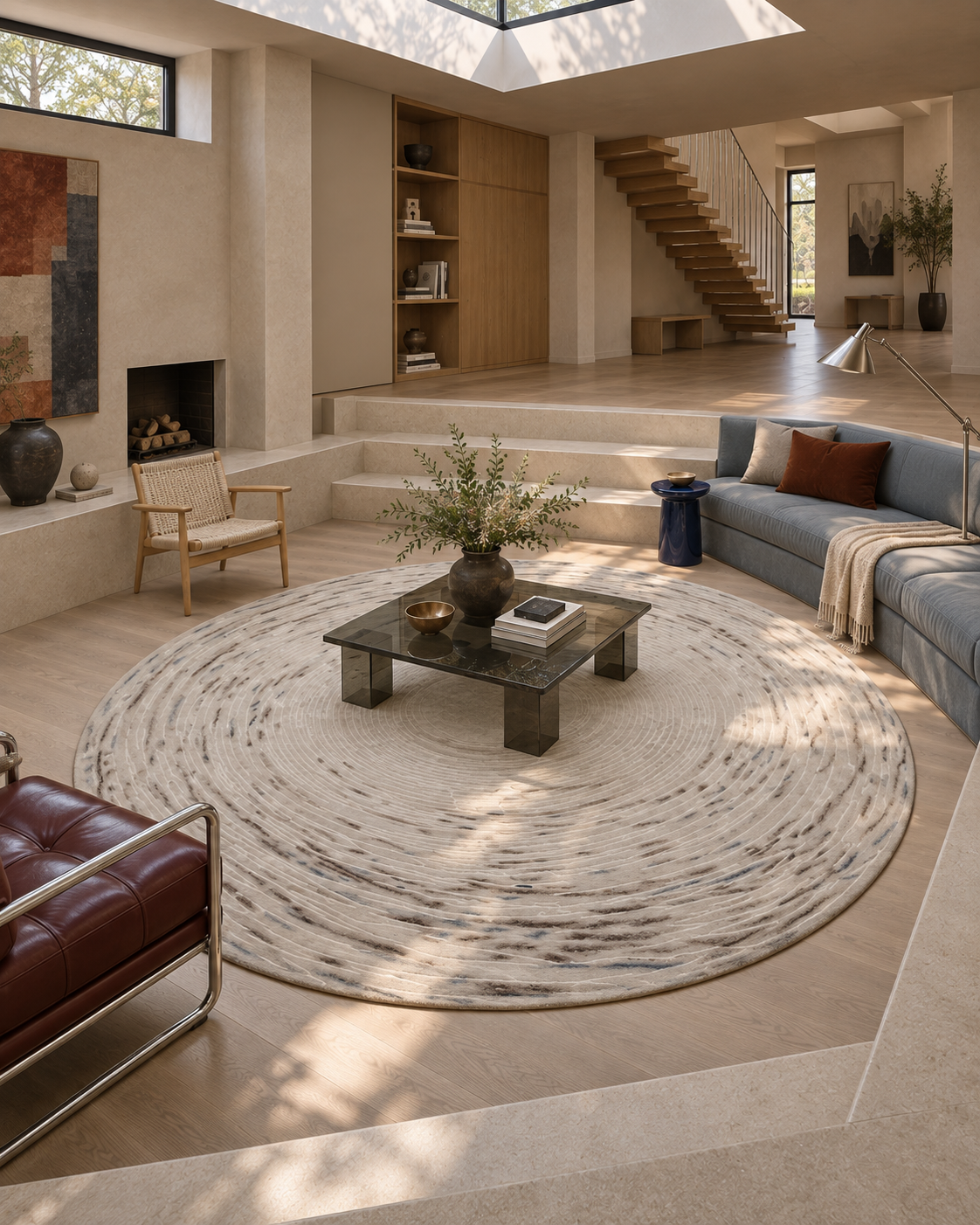 Lichte woonkamer met een rond kleed in crème en zand voor een grijze bank