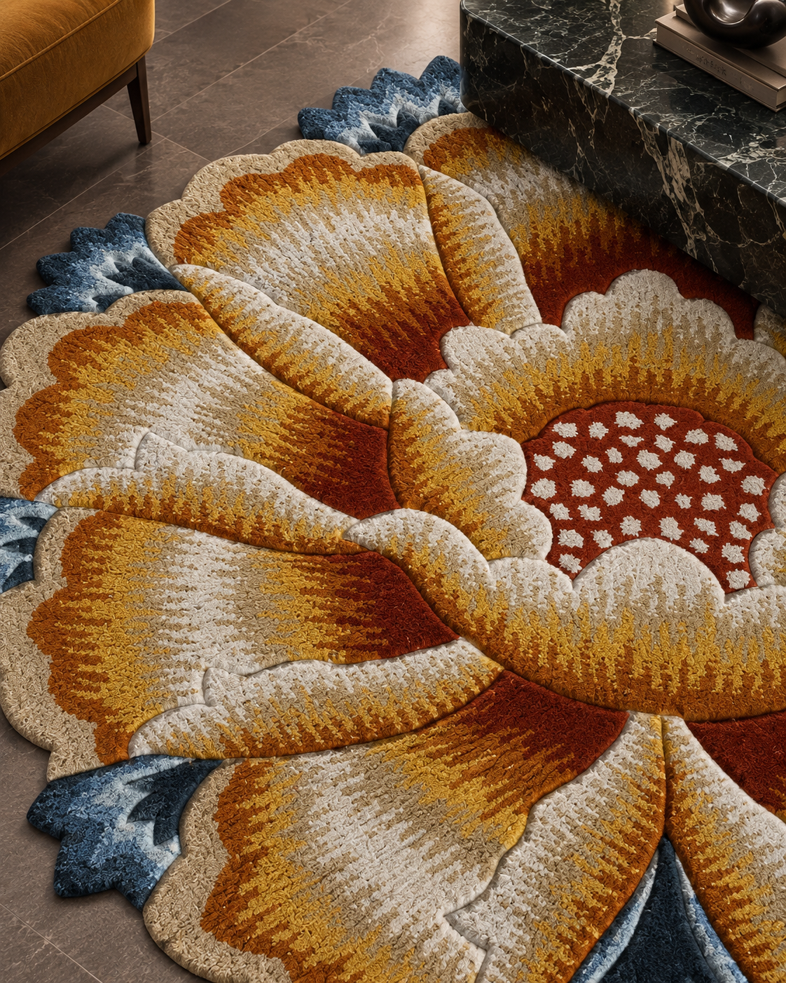 Dahlia vloerkleed MZ-Y268, een grote bloem in oker, goud en roest met ijsblauwe bladpunten en een rood hart vol witte stippen, beeld 2