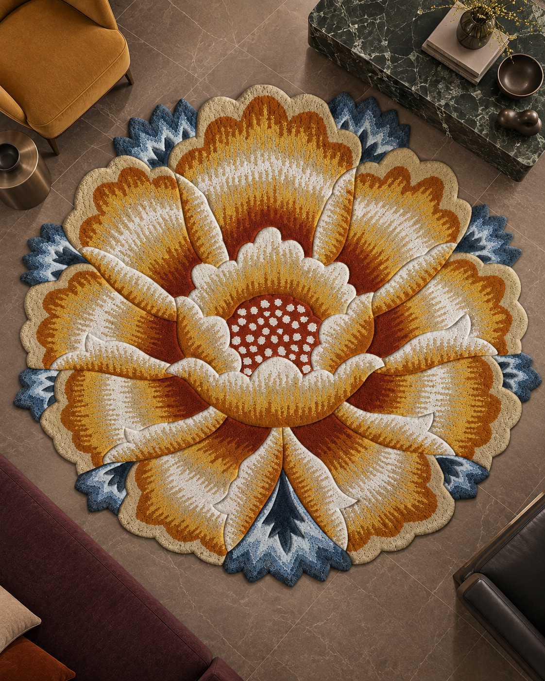 Dahlia vloerkleed MZ-Y268, een grote bloem in oker, goud en roest met ijsblauwe bladpunten en een rood hart vol witte stippen, beeld 1