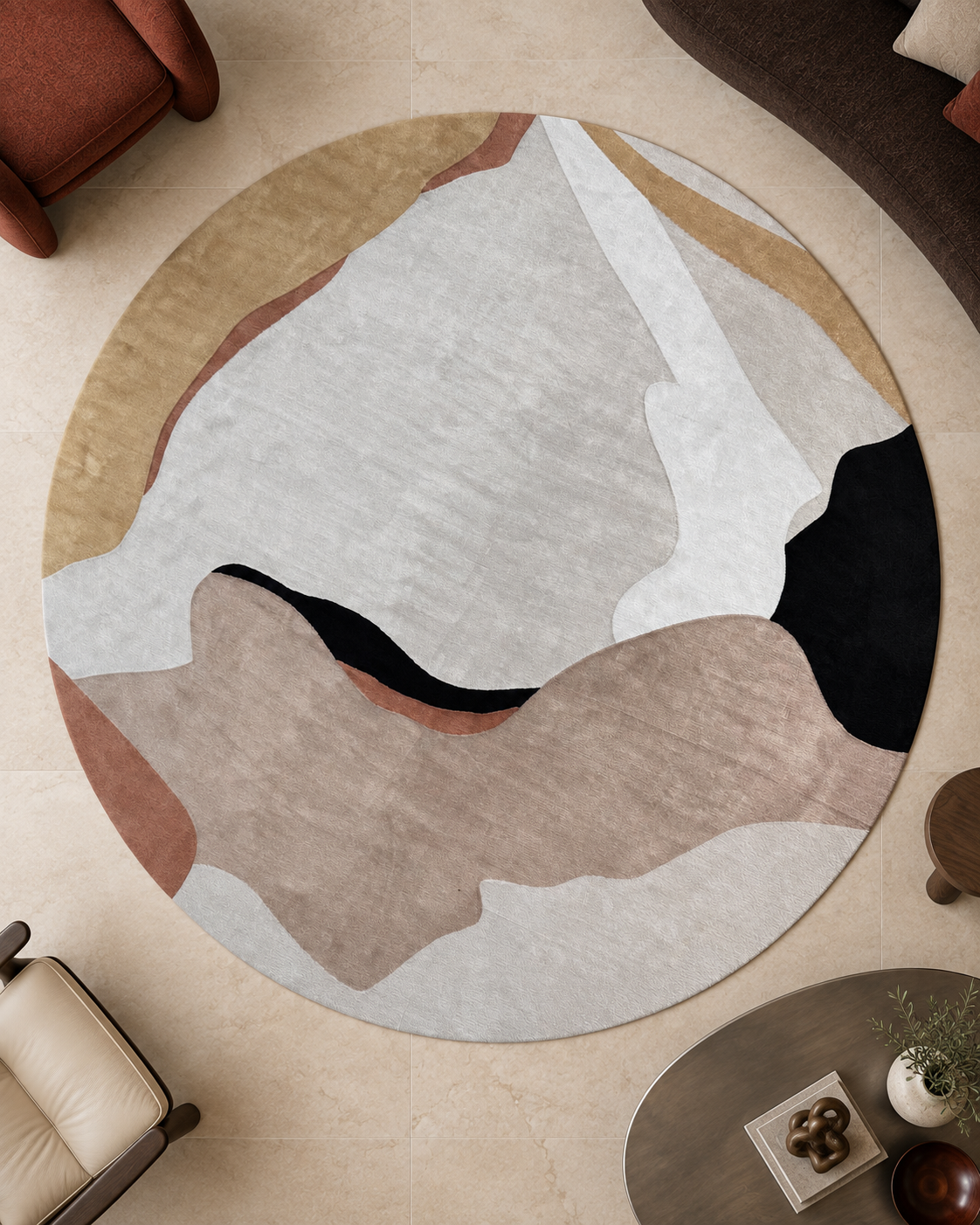 Landschap vloerkleed MZ-Y295, zand, blush en zwart vormen een abstract berglandschap op een rond vlak, beeld 1