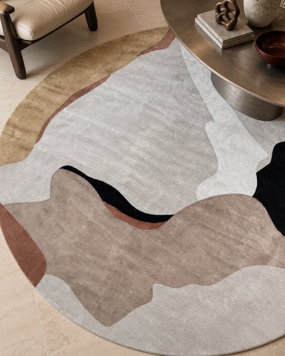 Landschap vloerkleed MZ-Y295, zand, blush en zwart vormen een abstract berglandschap op een rond vlak, beeld 5