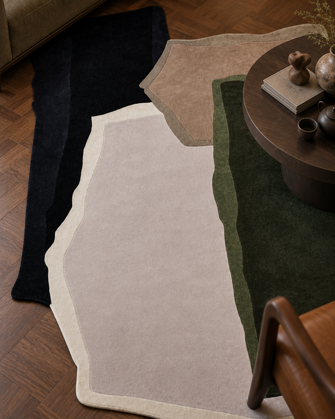 Lagen vloerkleed MZ-Y298, losse vlakken in inktzwart, taupe, lichtgrijs en bosgroen liggen als gescheurd papier over elkaar, beeld 2