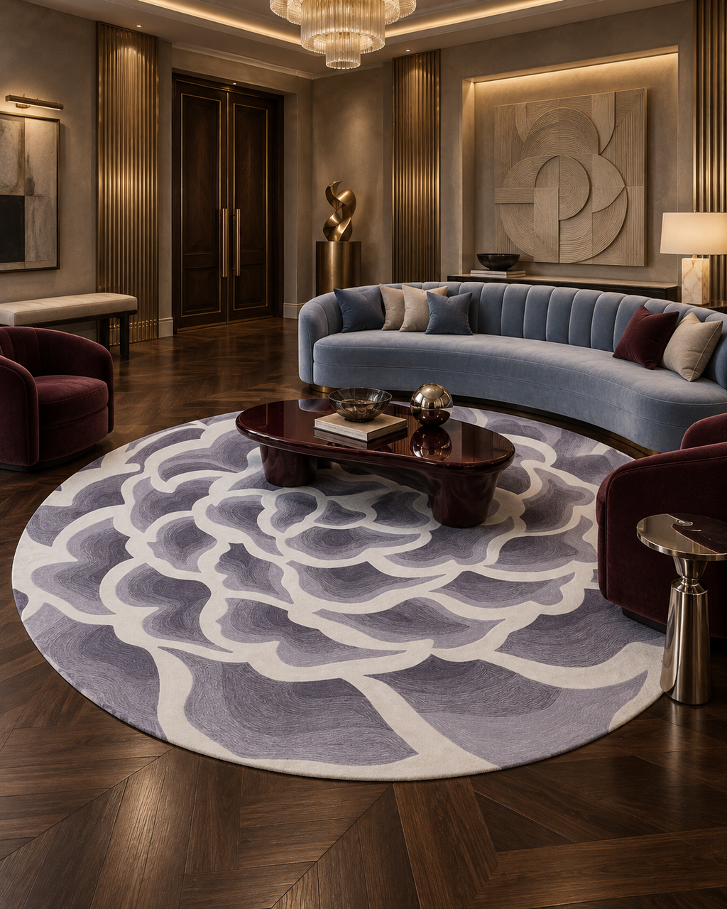 Camelia vloerkleed MZ-Y339, een grote camelia in lila en grijsviolet, uitgetekend met brede crèmewitte lijnen op een rond vlak, beeld 2