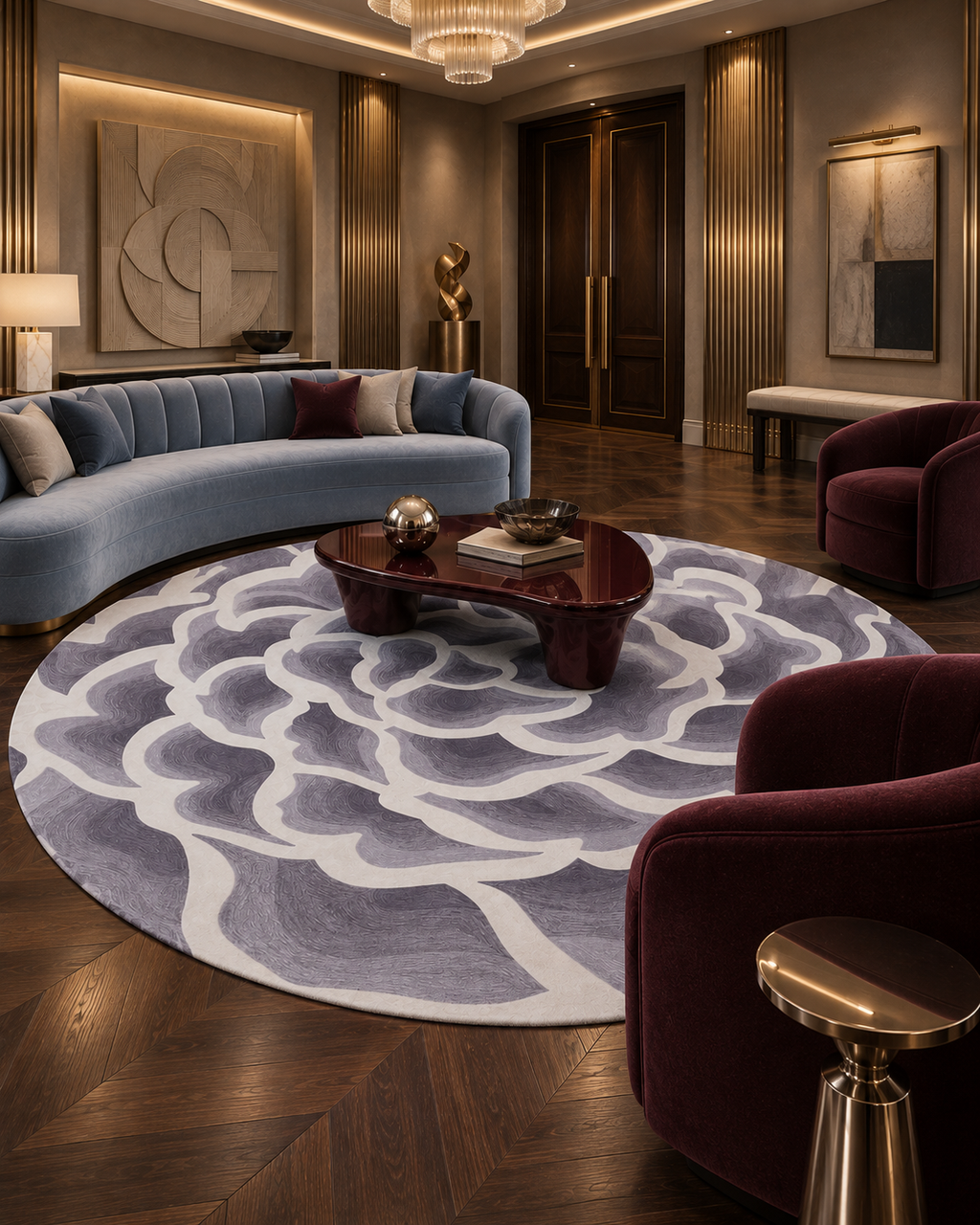 Camelia vloerkleed MZ-Y339, een grote camelia in lila en grijsviolet, uitgetekend met brede crèmewitte lijnen op een rond vlak, beeld 3