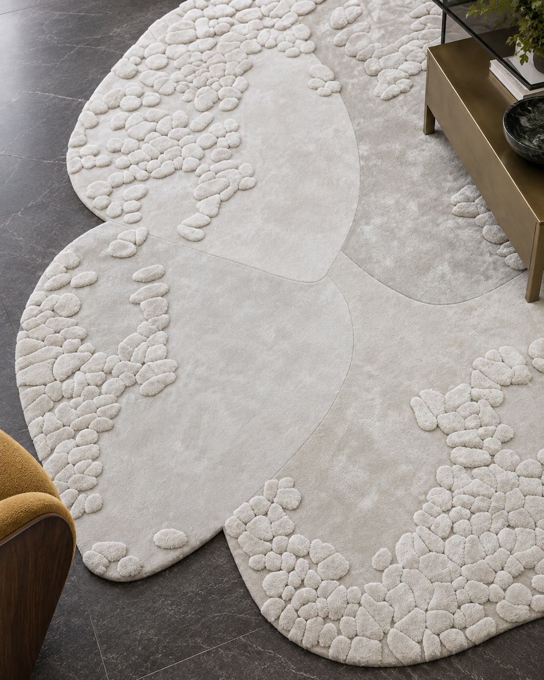 Klaver vloerkleed MZ-Y328, vier bladen in gebroken wit met hoogpolige kiezels, beeld 5