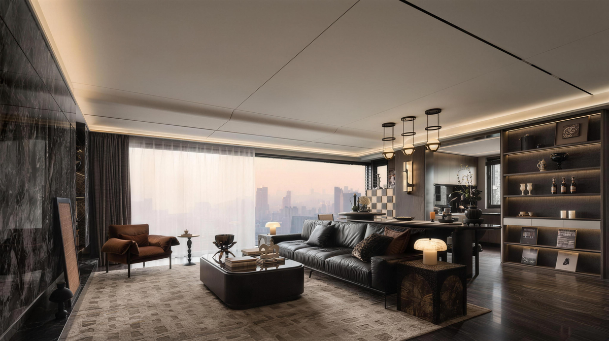 Donker penthouse met skyline, zwarte leren bank en groot vlak kleed