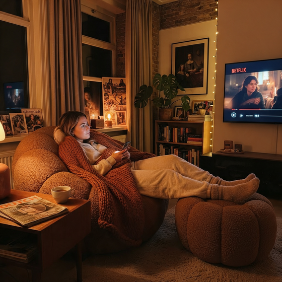 Oranje bouclé poef van Ploufe in een woonkamer